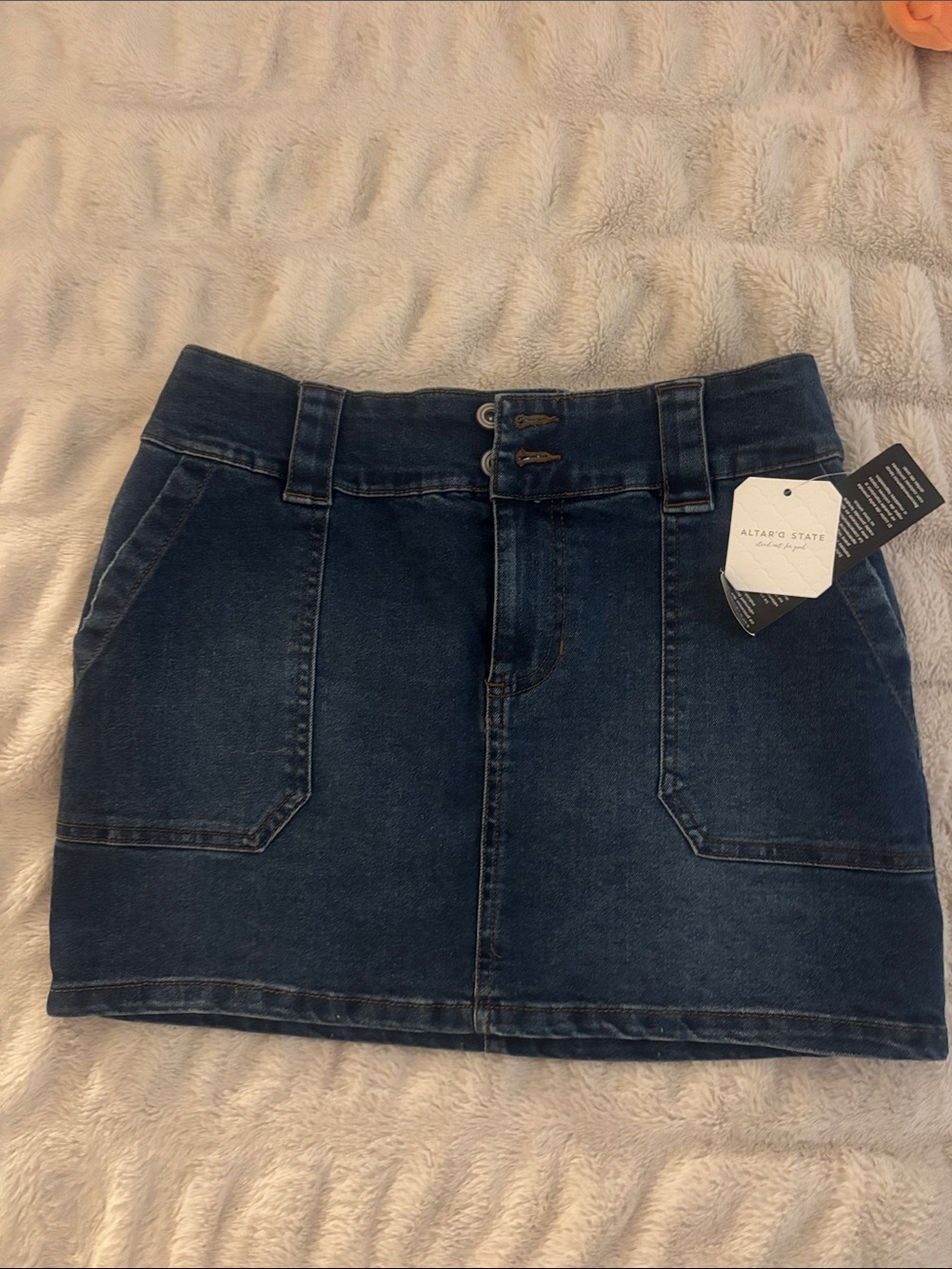 Altar'd State Dark Blue Denim Mini Skirt with Flap Pockets